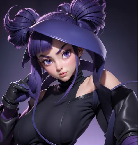 1fille, Juri Han de Street Fighter,  Big Boobs, big breadt, gigantic breadt, abs, solo, cheveux longs, crop top noir, regardant le spectateur, fond bleu, black hair and purple locks , fond simple, two side up, turtleneck, yeux bleus, minora, mouth closed, ...