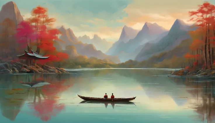 painting of a mountain landscape with a lake and a boat, illustration matte painting, by Li Tiefu, artwork in the style of z.w. gu, chinese surrealism, chinese landscape, inspired by Kanō Naizen, chinese style painting, symmetric matte painting, detailed s...