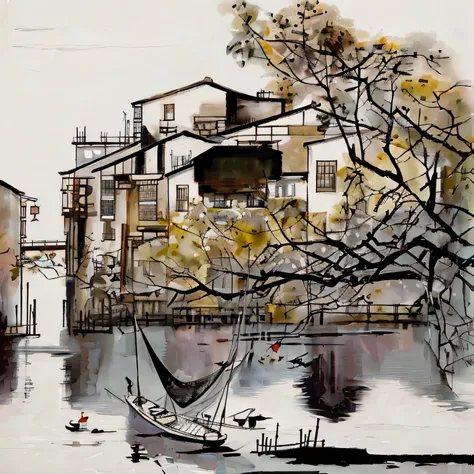 Painting of a boat in the river，The background is the building, Inspired by Wu Guanzhong, Chinese watercolor style, author：Wu Guanzhong, Chinese painting style, author：Dong Qichang, Ink painting ) ) ) ), Modern European ink painting, Chinese ink painting, ...