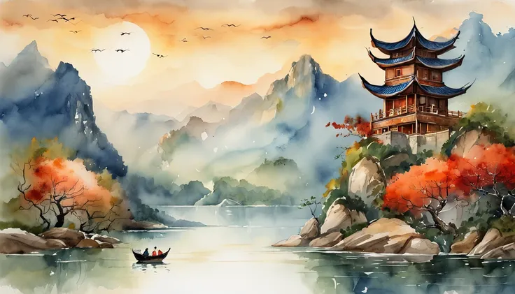 painting of a mountain landscape with a lake and a boat, illustration matte painting, , chinese surrealism, chinese landscape, inspired by Kanō Naizen, chinese style painting, symmetric matte painting, detailed scenery —width 672, japonisme 3 d 8 k ultra d...