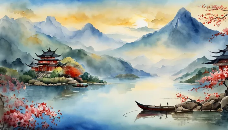 painting of a mountain landscape with a lake and a boat, illustration matte painting, , chinese surrealism, chinese landscape, inspired by Kanō Naizen, chinese style painting, symmetric matte painting, detailed scenery —width 672, japonisme 3 d 8 k ultra d...