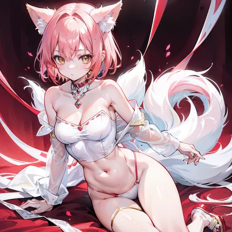 Short light red hair，There are yellow cloth ornaments on the head，Breasts are super full，The figure looks petite，Smooth and delicate long legs，Wearing a milky white T-shirt，A silver necklace was worn around his neck，It has pink fox ears，And cute pink and w...