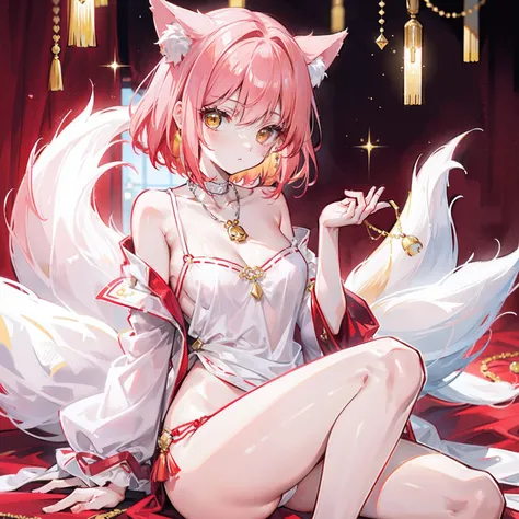 Short light red hair，There are yellow cloth ornaments on the head，Breasts are super full，The figure looks petite，Smooth and delicate long legs，Wearing a milky white T-shirt，A silver necklace was worn around his neck，It has pink fox ears，And cute pink and w...