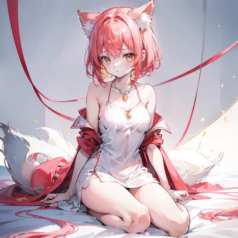 Short light red hair，There are yellow cloth ornaments on the head，Breasts are super full，The figure looks petite，Smooth and delicate long legs，Wearing a milky white T-shirt，A silver necklace was worn around his neck，It has pink fox ears，And cute pink and w...