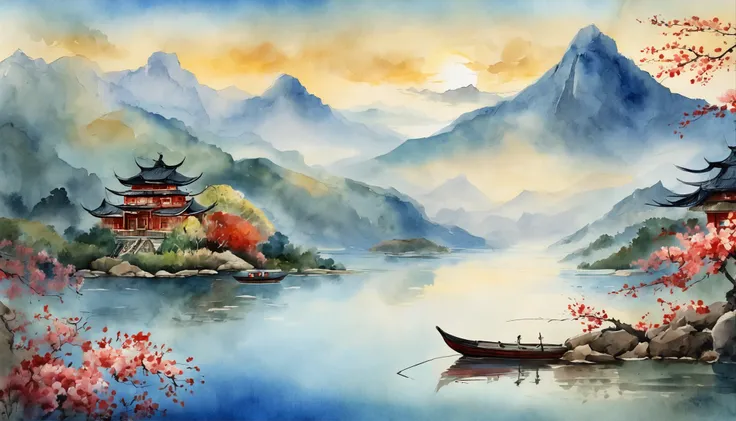 painting of a mountain landscape with a lake and a boat, illustration matte painting, , chinese surrealism, chinese landscape, inspired by Kanō Naizen, chinese style painting, symmetric matte painting, detailed scenery —width 672, japonisme 3 d 8 k ultra d...