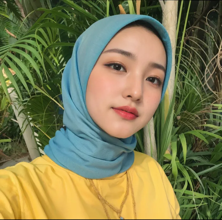 there is a woman wearing a blue scarf and a yellow shirt, inspired by JoWOnder, inspired by Naza, with yellow cloths, malaysian, hijab, wearing wheat yellow gauze, inspired by Nazmi Ziya Guran, selfie of a young woman, inspired by Mym Tuma, faridah malik, ...