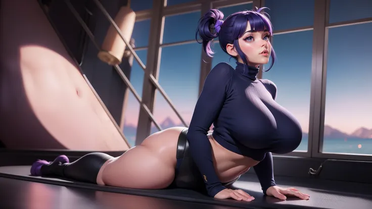 1fille, Juri Han de Street Fighter,  gros seins, grande largeur, Largeur gigantesque, ABS, seulement, cheveux longs, crop top noir, regardant le spectateur, fond bleu, black hair and purple locks , fond simple, two side up, turtleneck, yeux bleus, minora, ...