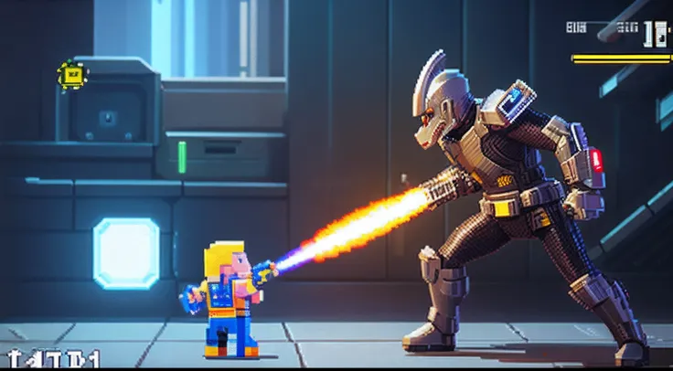 pixel game，character  design，Sci-fi suit，Warrior with a laser gun， Pixel art #pixelart