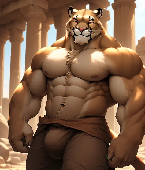 nj5furry, (a cougar, Shirt, ripped muscles, Topless)), Cream brown fur, ((full body)) male, kemono, ((Extremely realistic shadows, Masterpiece, extremely detailed, photorealistic), ((a cougar), strong, mature male, bodybuilding posture, carefree expression...