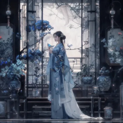 Beautiful digital artwork, 8k high quality detail art, elegant film fantasy art, (a beautiful fantasy queen), ancient Chinese art style, a woman, holding a golden folding fan in her hand, wearing a white and blue dress, blue and white porcelain style, surr...