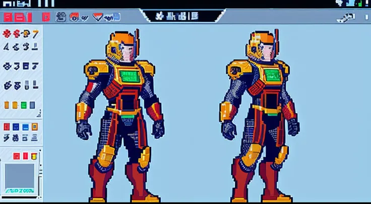 pixel game，character  design，Sci-fi suit，Warrior with a laser gun， Pixel art #pixelart