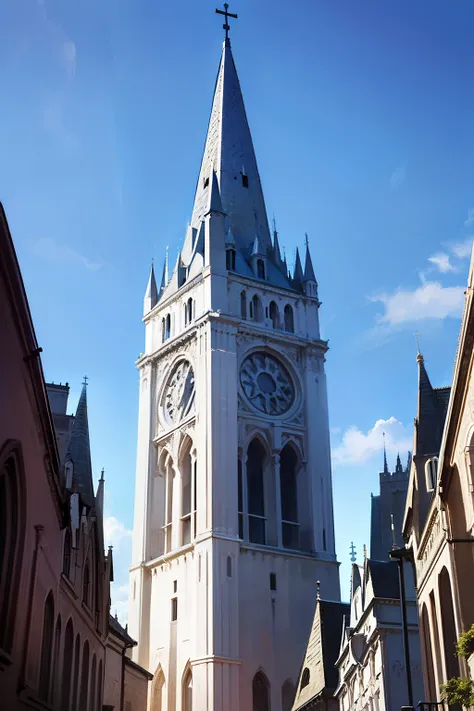 Tower at the top of a medieval church，Overall off-white，Approximates hexagonal pyramid shape，There are two floors，The lower level is higher，Someone stands，The upper layer is shorter，There are several windows，The spire is relatively long，