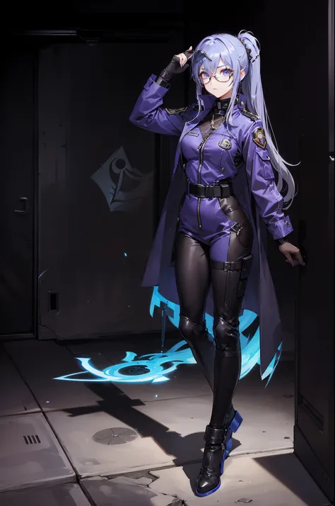 (league of legend female character, hyper league of legend art style), female military commander, ((perfectly thick military jumpsuit with zip outfit, designed overcoat, hair pin, hand glove, collar, eye mask, badge, glasses, Trouser chains )), ((purple an...