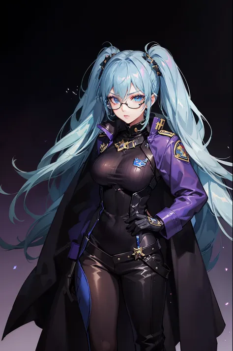 (league of legend female character, hyper league of legend art style), female military commander, ((perfectly thick military jumpsuit with zip outfit, designed overcoat, hair pin, hand glove, collar, eye mask, badge, glasses, Trouser chains )), ((purple an...