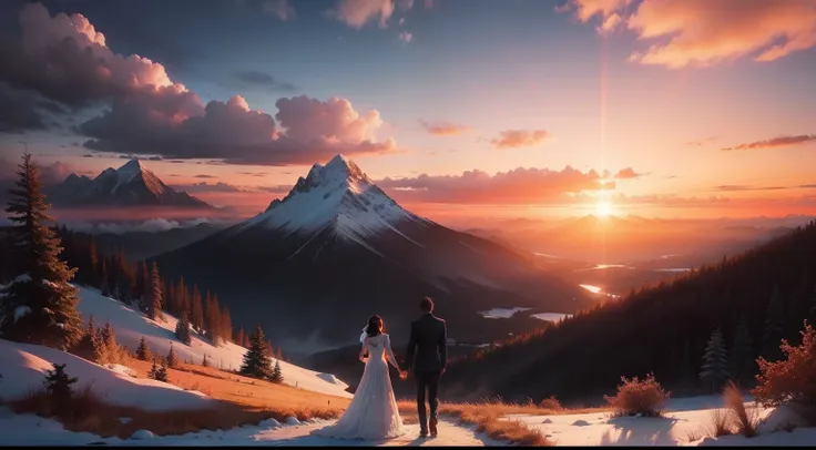 landscape with mountain beautiful sunset, wedding couple anime