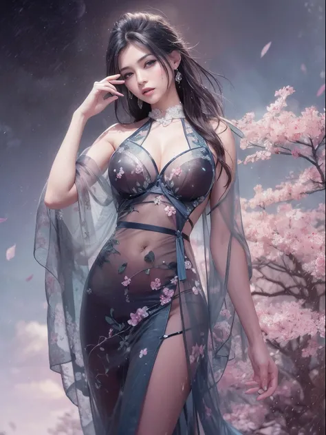 loose outfit、Show shoulders、Navel Ejection、How to wear a gown with a dark see-through halter neck broken、Decorated with intricate patterns and dark colors、Transparent material that makes the skin shine、Artistic depiction of seductive woman in gown with wet...