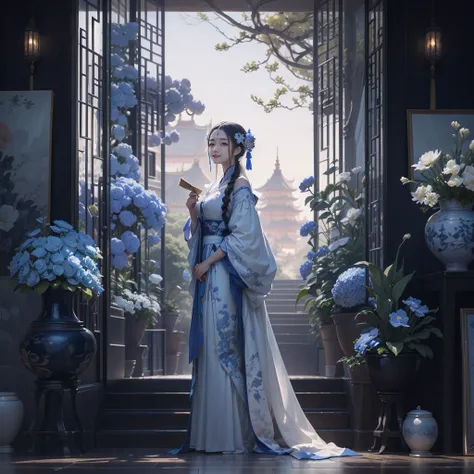 there is a woman in a blue and white dress standing in a doorway, palace ， a girl in hanfu, beautiful digital artwork, elegant cinematic fantasy art, inspired by Fenghua Zhong, artwork in the style of guweiz, by Li Fangying, cgsociety and fenghua zhong, ch...