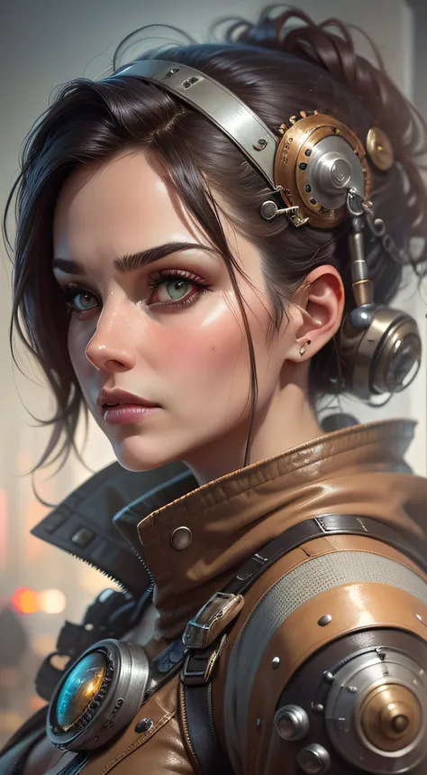 A middle-aged American woman, Serious, Not sexy, With steam power helmet, Portrait of a mechanical woman, steampunk concept art, digital steampunk art, arte steampunk de alta qualidade, wojtek fus, steampunk digital art, detailed steampunk illustration, po...