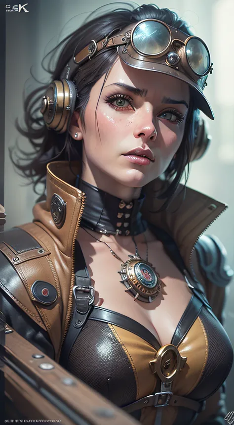 A middle-aged American woman, Serious, Not sexy, With steam power helmet, Portrait of a mechanical woman, steampunk concept art, digital steampunk art, arte steampunk de alta qualidade, wojtek fus, steampunk digital art, detailed steampunk illustration, po...