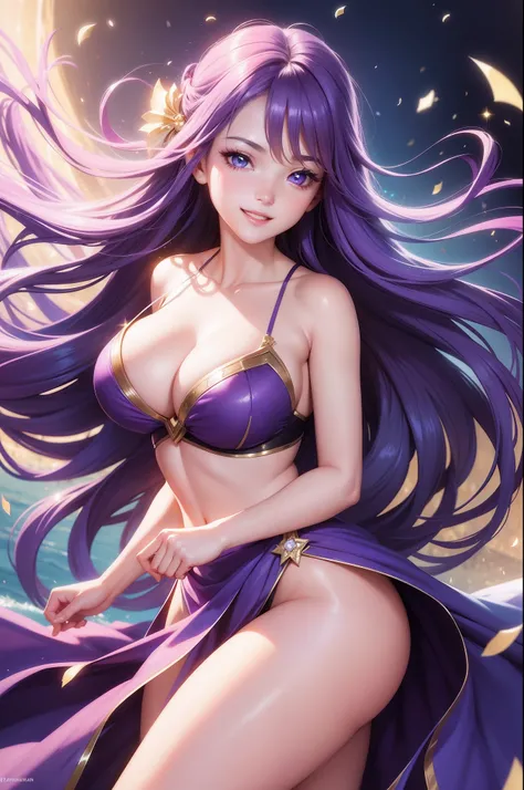 masterpiece, best quality, beautiful detailed hair detailed face, perfect feminine face, (happy:1.2), open mouth, smiling, (close-up potrait:1.2), a beautiful and cute girl with sparkling and glowing purple hair, ahoge, side hair, huge cleavage, very long ...