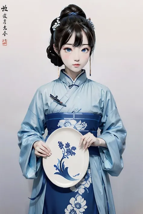 Blue and white porcelain style，hanfugirl，ancient china art style, Pixel art #pixelart