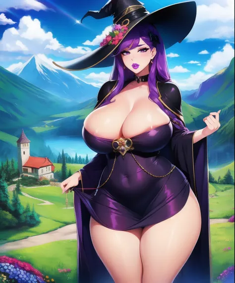 1fille, (((bimbo))),sorceress, puffy lips, painted lips, thick lips. long hair, (purple hair), large hips, thick thighs, bursting breasts, big breasts, Witchs dress, robe black sexy, magic staff, Black witchs hat, green plain, some clouds, colorful flower,...