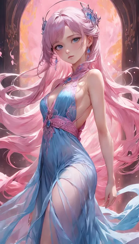 best qualtiy， tmasterpiece， 超A high resolution, Close up portrait of woman in bluish-pink flowing gauze dress, full body close-up, sexy for, cropped shoulders, Beautiful teenage girl, a beautiful fantasy empress, ethereal beauty, Beautiful fantasy maiden, ...