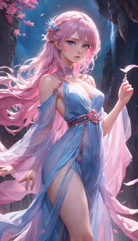 best qualtiy， tmasterpiece， 超A high resolution, Close up portrait of woman in bluish-pink flowing gauze dress, full body close-up, sexy for, cropped shoulders, Beautiful teenage girl, a beautiful fantasy empress, ethereal beauty, Beautiful fantasy maiden, ...