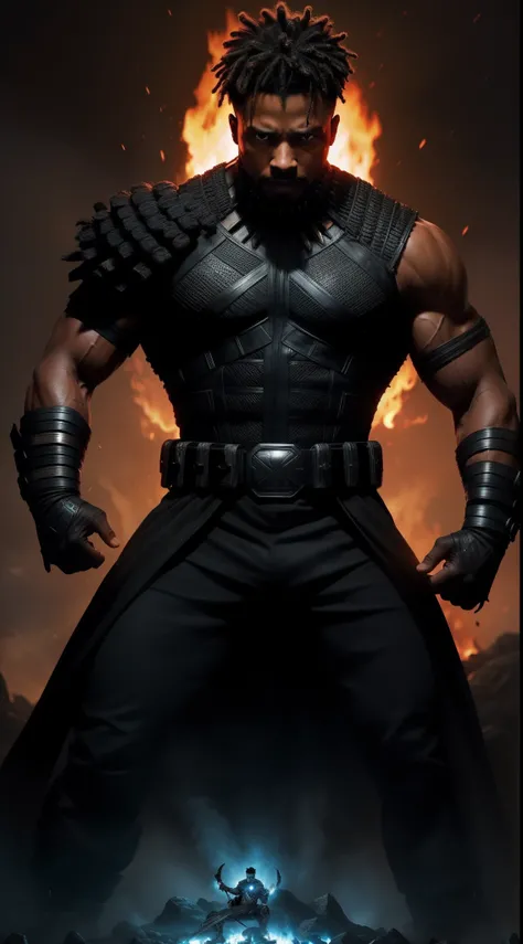 A silhouette of Killmonger, standing atop a mountain of skulls, his eyes burning with vengeance.