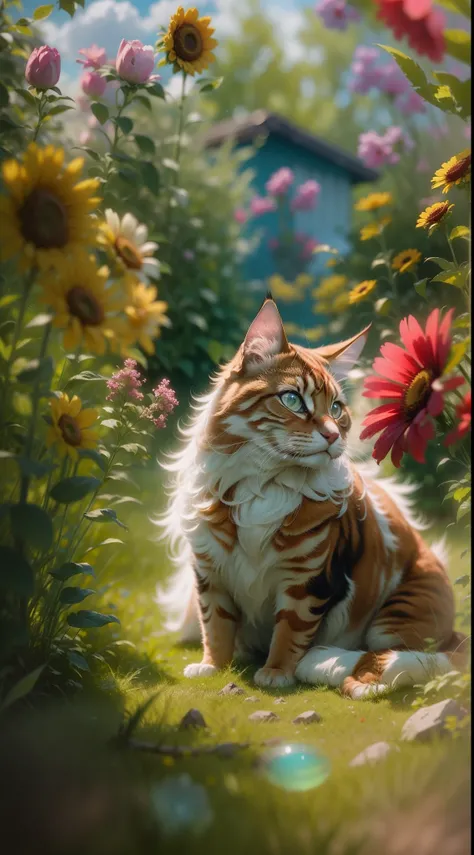 Red maincoon, Sitting in the grass among the flowers, Very high-quality photo, professionally staged light, on a street with clear weather, blue cumulus clouds in the sky, very beautiful, an awesome landscape against the background, A still from a movie wi...