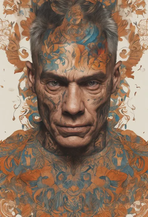 pintura realista, retrato de um homem pardo com olhos amarelos, roupas brancas, ritualistic tattoos by the body, serene expression, fundo realista, soft-lighting, clima misterioso.