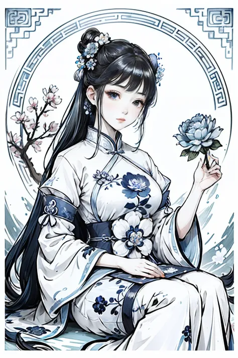 （Blue and white porcelain style：1.6），a drawing，Blue and white dress，Woman with flowers on hair，Blue and white porcelain style，hanfugirl，ancient china art style，Belle peinture de personnage，Chinese painting style，It has an ancient Chinese aesthetic，Chinese ...