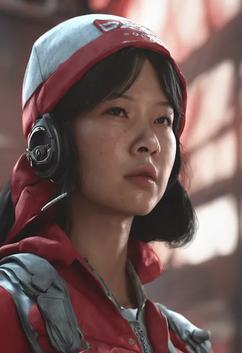 A young Asian female prisoner，Look nervously at the camera，Wearing a red prison uniform，A circle on the prison uniform，The word prisoner is written in the circle，tmasterpiece、Best quality at best，offcial art，extremaly detailed cg ，8k wallpaper，ultra - deta...