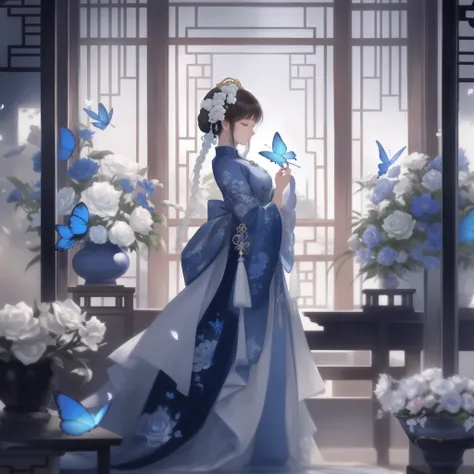 Beautiful digital artwork, 8k high quality detail art, elegant film fantasy art, (a beautiful fantasy queen), Chinese colorful ink style, A classical Chinese girl, Close your eyes and meditate，blue butterflies，florals，Blue and white porcelain，holding a gol...