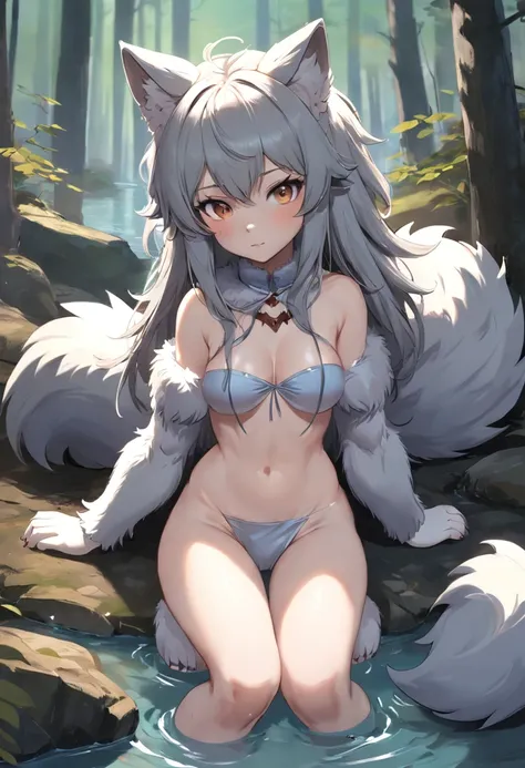 uploaded on e621, full body portrait of a masterpiece, high quality best quality, female, a (anthro:1.0) (loli:0.8) (cub:1.2) (wolf girl:1.2) with a big head and small body, fur markings, paws, grey fur, fluffy, wolf tail and ears, small chest, looking at ...