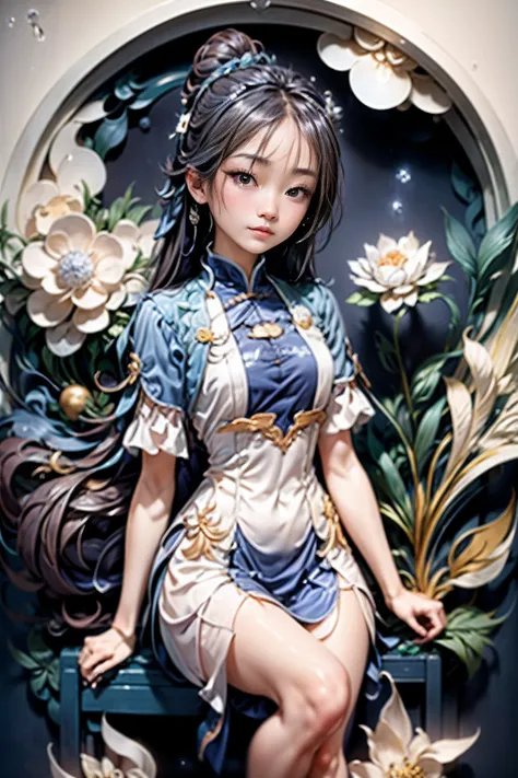 （Blue and white porcelain style：1.6），white backgrounid，1 Chinese girl with long hair，Oriental elements，reasonable design，Clear lines，（Linear，Mono Color）