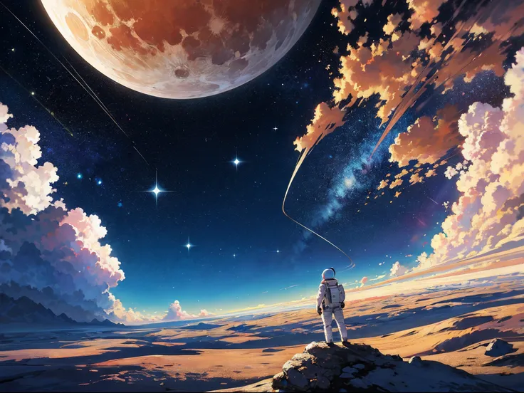 spacesuit, Standing on the Moon, scenery BREAK In the vast expanse of space, numerous planets can be seen, and among them, Earth shines with breathtaking beauty, scenery,detailed background,amazing detailed,