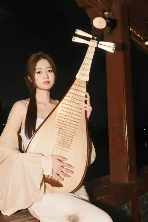 The Arad woman sat on a bench，Holding a large instrument, Holding a lute, inspired by Gu Kaizhi, is playing a lute, lute, world of lute, Chinese traditional, With a harp, style of guo hua, xintong chen, Inspired by Song Maojin, Inspired by Tang Yifen, Insp...