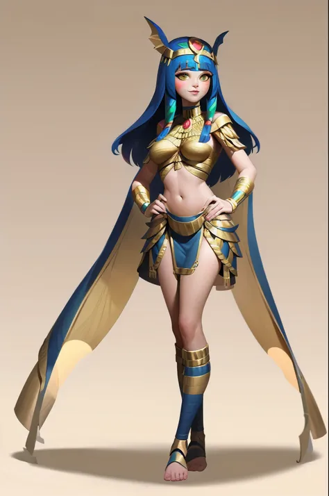 1girll、Cleopatra、Ancient Egyptian costumes、独奏，full bodyesbian，standing on your feet，European and American cartoon design，white backgrounid，Magical fantasy design，character concept design，tmasterpiece，best qualtiy，Best resolution，high definition detail