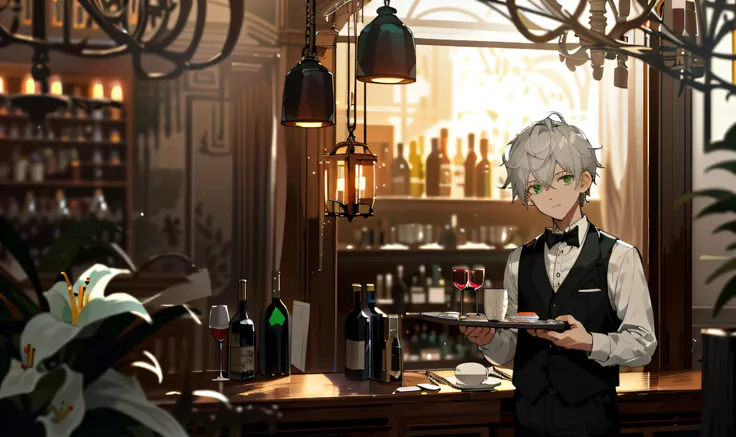 A cold and handsome little boy，Gray hair and green eyes，Wear waiter clothing，Carrying the plate，There were wine glasses on the plate，Pour the wine into the glass，Black vest white shirt，At the bar in the evening，The scene is dark，At night, The chandelier is...