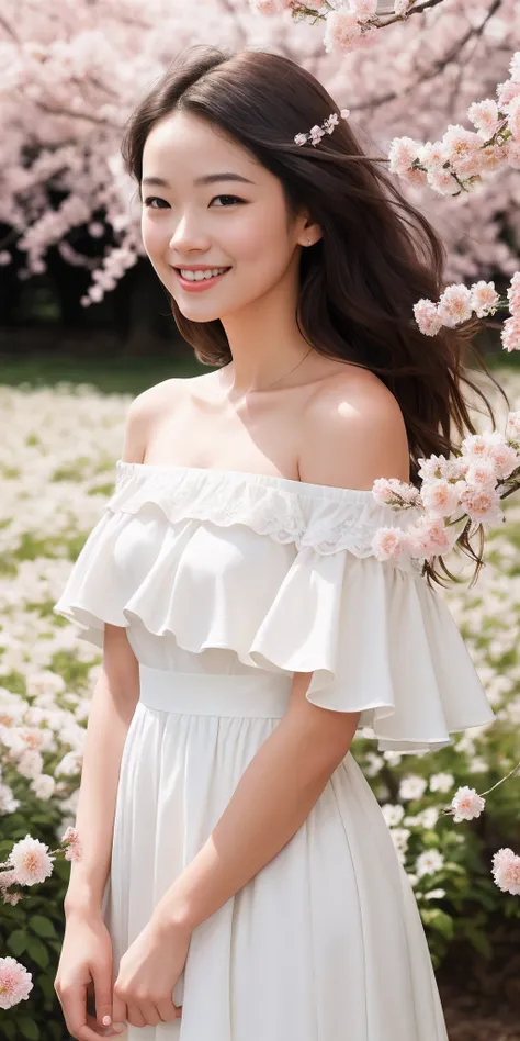 Best quality, masterpiece, ultra high res, (photorealistic:1.4), raw photo, 1girl, white dress, off shoulder, blossom flower field, glowing skin, light smile