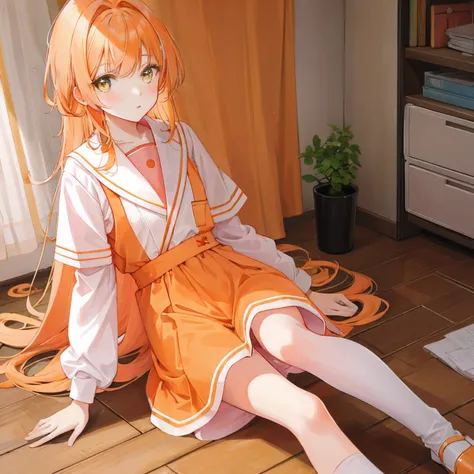 Long light orange hair，Wearing an orange-pink nurses uniform，A petite and sweet girl