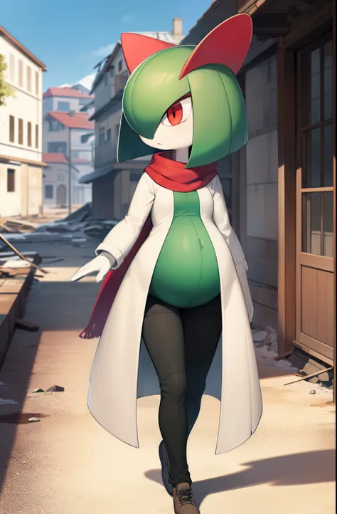 masterpiece, best quality, 1 girl, solo, kirlia, green hair, red eyes, green skin, short hair, white dress, walking through a de...