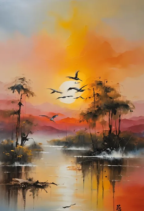 ((masterpiece)), ((best quality)), 8k, high detailed, ultra-detailed, evening light ，Simple colors，Chinese landscape painting style，one duck flying in the sunset，reflection, autumn, river, vast sky, merging, serene, harmonious, peaceful