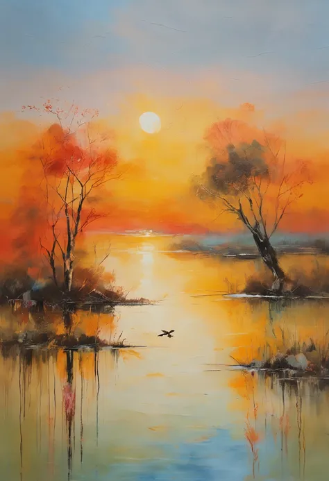 ((masterpiece)), ((best quality)), 8k, high detailed, ultra-detailed, evening light ，Simple colors，Chinese landscape painting style，one duck flying in the sunset，reflection, autumn, river, vast sky, merging, serene, harmonious, peaceful