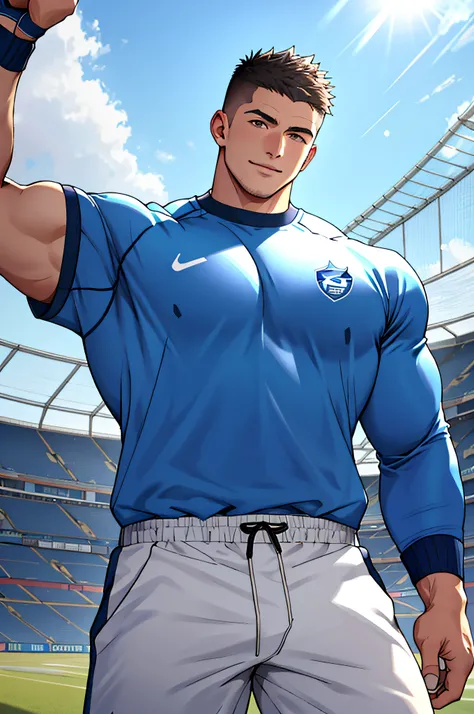 Draw a full-fledged athlete，Stand on the central field of the gym，He wears high-end sportswear，The man looks confident and determined，rays of sunshine，cheerful big breasts，Handsome，Crew cut，full bodyesbian，shooting from below，