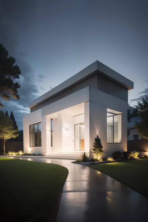 White modern building，Greek temple，floor to ceiling window，White brick walls，Clear water and concrete soil，Heads-up view，ssee-through，nighttime scene，Lawn lights，lawns，Road lawn with landscape sketch，The tree