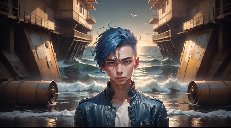 Klein blue，Coast at night，male people，A teenager with a refined personality，Cool background，blue  hair