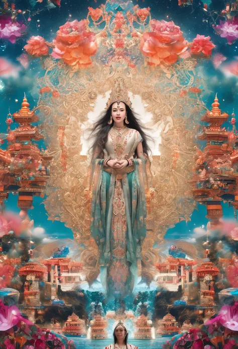 a pregirl,Thangka legend，long whitr hair,  aqua eyes, long eyelasher, Crystal earrings, Light smile,  Sparkle,Sparkle,in a panoramic view, 360 view, neo-classical,  Award-Awarded, Textured skin, hyper HD, Masterpiece, Super detail, Best quality, A high res...