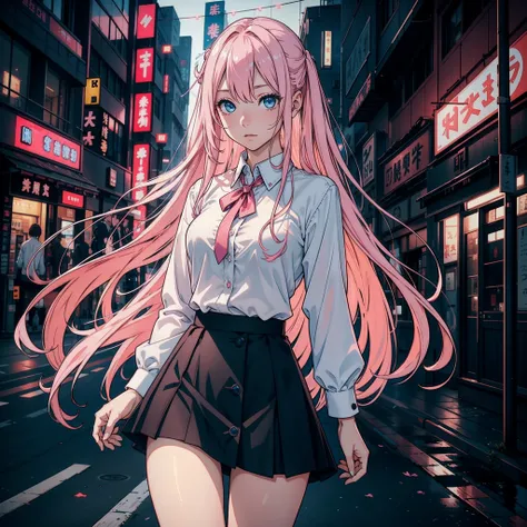 1girl, waywy long pink hair, blue eyes, wearing white button shirt and long black skirt, city tokyo, high res, ultrasharp, 8K, masterpiece, looking at viewer